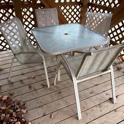 Glass Top Patio Furniture Table W/ Matching Sling Chairs (4)