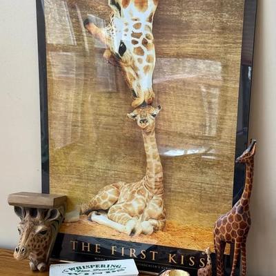 Giraffe Collectibles (7) With Figures, Poster, Pewter Wind Chimes ++
