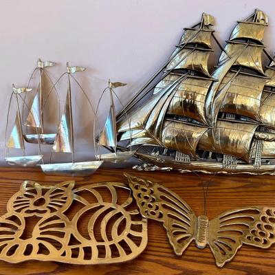 MCM Wall Decor W/ Solid Brass & Syroco Ship Hanging 