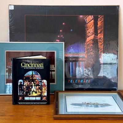 Cincinnati Collectibles (4) With Poster, Book, Photo & Handmade Cross-Stitch