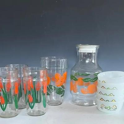 1960s Anchor Hocking Tulip Tumblers, Orange Juice Set and Custard Dishes
