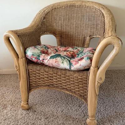Vintage Wicker Chair W/ Carved Wood Or Resin Swan Arms