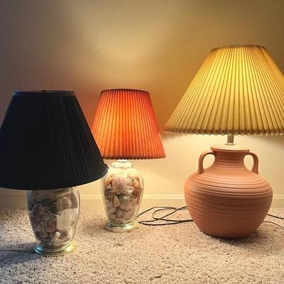 80s Pottery and Shell-Filled Glass Lamps
