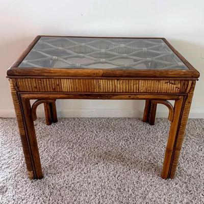 MCM Rattan/Bamboo Style Side Table With Glass Top