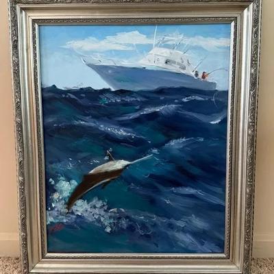 Vintage Framed Oil On Canvas Ocean/Ship Painting, Signed BH