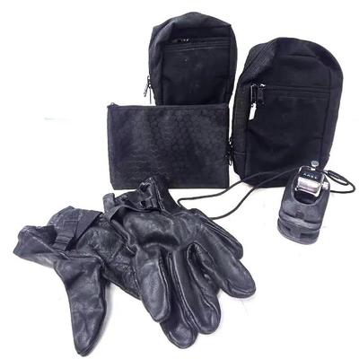 Assortment of Bags and Cattle Hide Gloves
