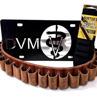 Leather Shotgun Belt, Nylon Shell Belt, and License Plate