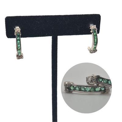 Sale Photo Thumbnail #15: Channel Set Emerald and Sterling Silver Half Hoop Earrings