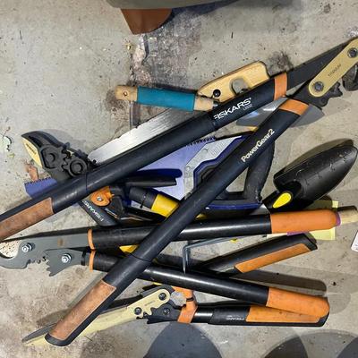 Lot Of Garden Clippers Shears Shovels Saws