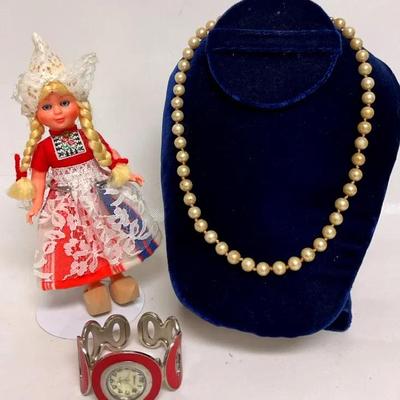 Dutch Doll, Geneva Watch and Faux Pearl Necklace 