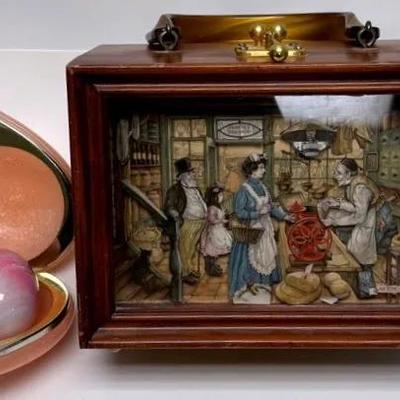 Vintage Decorative Set: Painted Wooden Box, Heart Container and Marbled Egg 