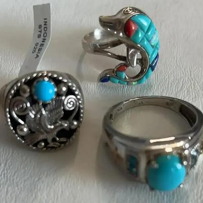 Three Turquoise 925 Sterling Silver Rings 
