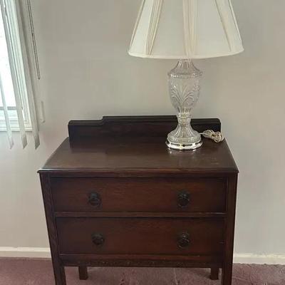 Antique Wooden Nightstand and Lamp