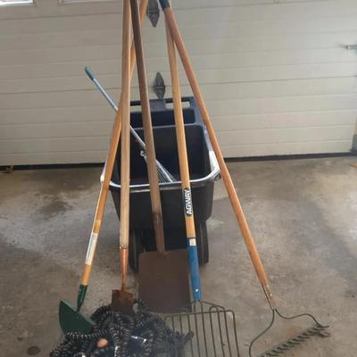 Plastic Wheelbarrow, Rakes, Hose and More