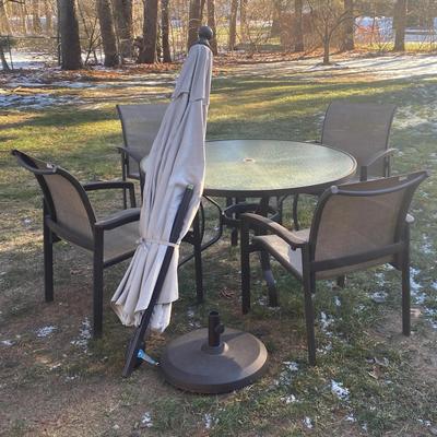 (4) Patio Chairs, Table with Umbrella & Stand