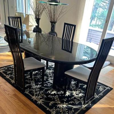 Black Lacquer Dining Table, (4) Chairs and Rug