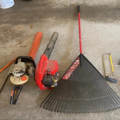Leaf Blower, Echo Hedge Trimmer, Rake, Saws