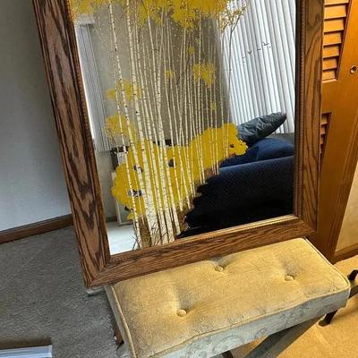 Vintage Painted Mirror and Fabric Bench