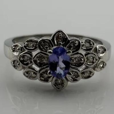 Oval Tanzanite & Natural Diamond 14k White Gold Ring