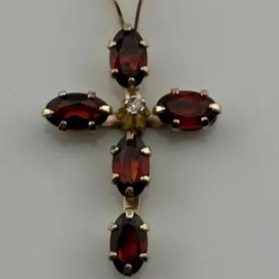 Oval Garnet 10k Yellow Gold Cross Pendant
