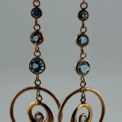 Round Blue Topaz 10k Yellow Gold Dangle Earrings