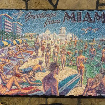 Pop pointallist painting by Tim McWilliams, Chicago artist, “Greetings From Miami”