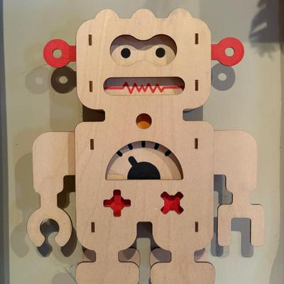 Robot wall art made from laser cut wood, cute for a boy’s room