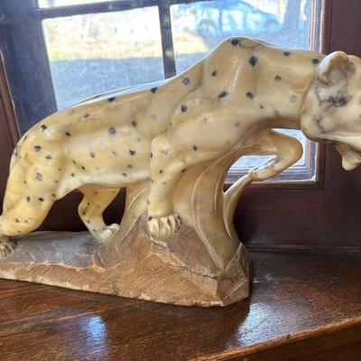 Art Deco alabaster leopard sculpture, signed