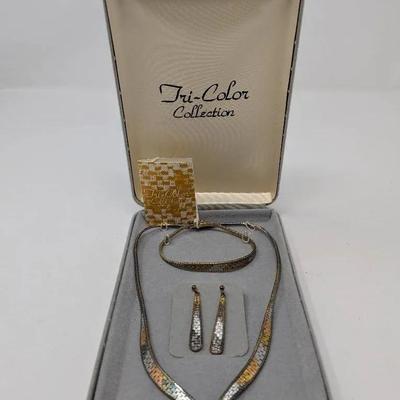 Tri-Color Collection Sterling Silver Jewelry Set (Necklace, Earrings + Bracelet)