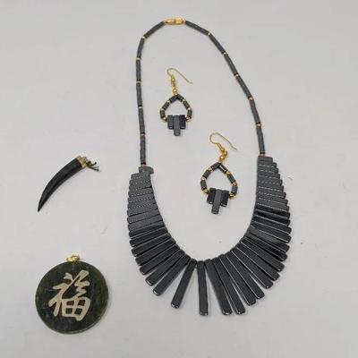 Hematite Necklace W/ Matching Earrings & Jade (?) Pendant 