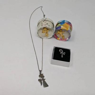 Sterling Silver Angel Necklace, Pewter Candy Cane Pin + Gold Toned Angel Pins 
