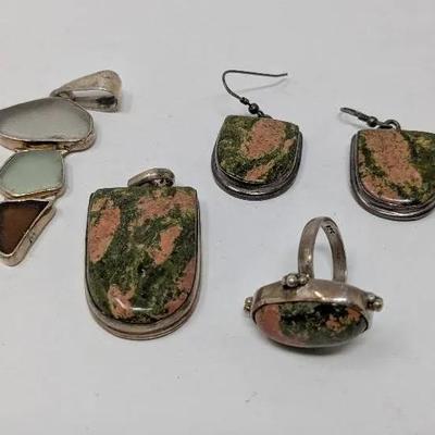 Sterling Pendant + Natural Stone Jewelry Set Stamped 925