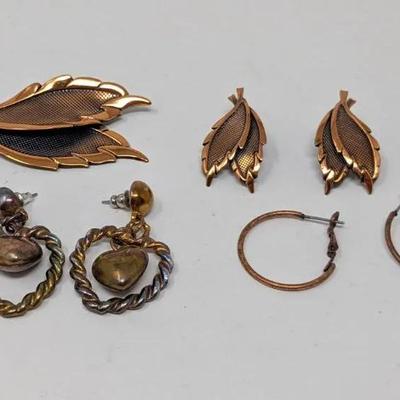 Copper Toned Earrings + Pin