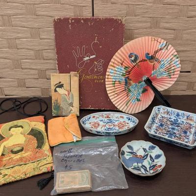 Mixed Asian Collectibles ( Japanese WW II Cigarettes, Trinket Dishes, Fans )!
