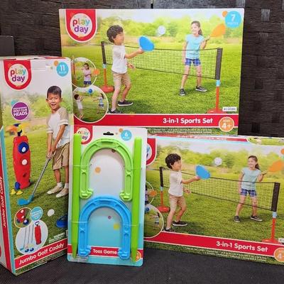 Unopened Toys (Ages 3+ & 4+): Jumbo Golf Caddy, Toss Game & 3-in-1 Sports Set
