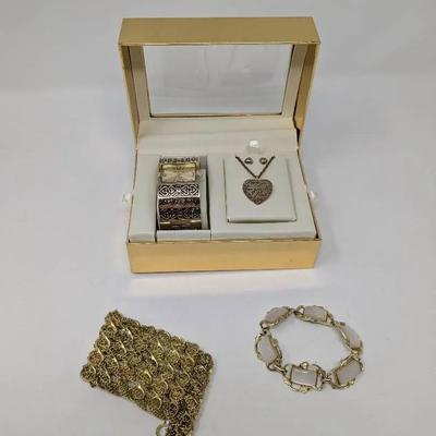 Gold Toned Bracelets, Watch Set W/ Necklace + Earrings 