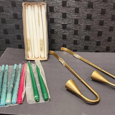 Pair of Brass Wall Candle Sconces & Variety of Taper Candles