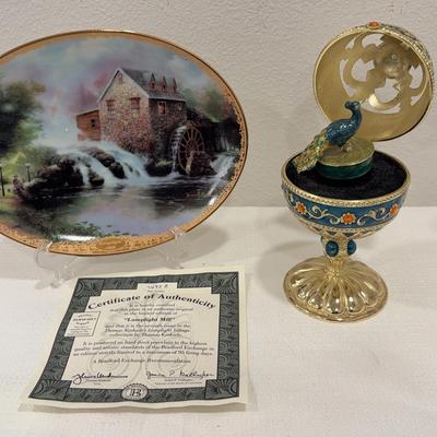 Lamplight Mill Thomas Kinkade Plate, and Peacock Music Box 