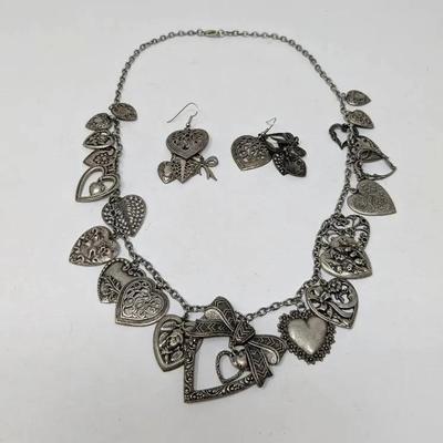 Sterling (?) Heart Charm Necklace + Earrings 