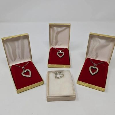 4 Silver Tone Heart Necklaces with Rhinestones 