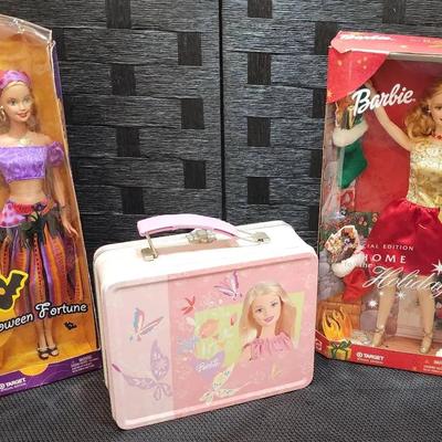 2001 Home for the Holidays Barbie, 2003 Halloween Fortune Barbie & Barbie Lunchbox