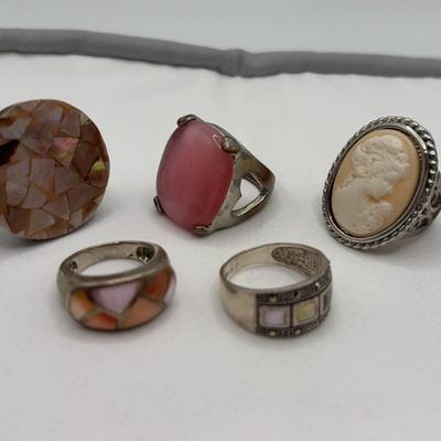 Costume Rings, Cameo, Lg Pink Stone and Mother of Pearl 