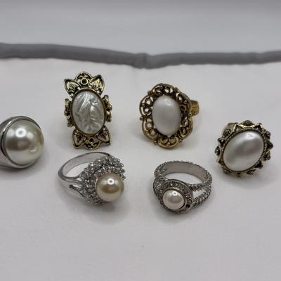 Costume Rings, Silver Toned and Faux Pearl 