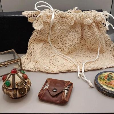 Antique Powder Compact, Jeweled Trinket Box,  Coin Purse, Crocheted Purse & More