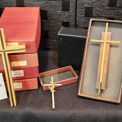 8" Wooden Wall Crosses Crucifixes with Brass Inlay