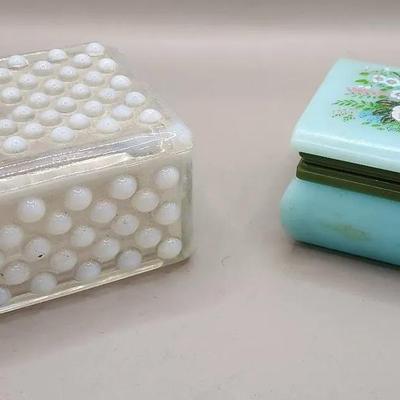 Moonstone Opalescent Hobnail Glass  & Aqua/Floral Trinket Boxes