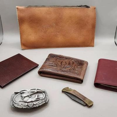 Men's Wallets (3), Military Aircraft Belt Buckle, Pocket Knife & Leather Bag