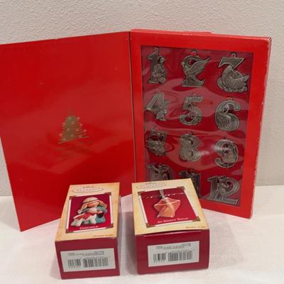 12 Days Of Christmas Pewter Ornament Set and Hallmark Ornaments 