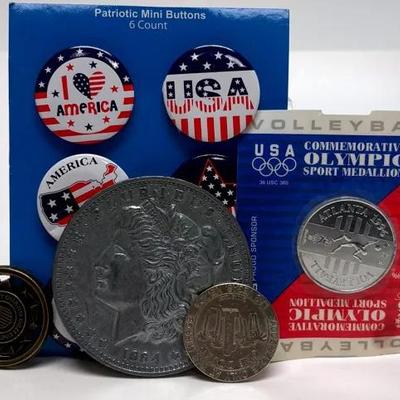 Collectors Mixed Assortment- Coins, Patriotic Buttons, And National Guard Keychain