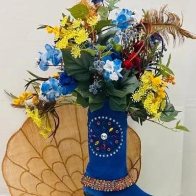 Old West Velvet Boot Vase and Vintage Woven Placemat